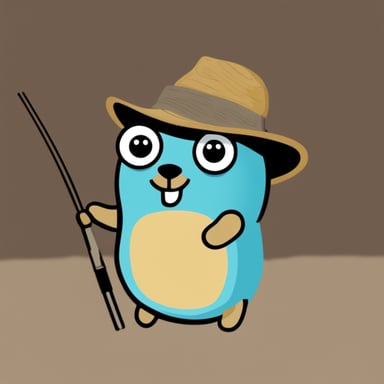 Go Blue Gopher holding a fishing rod with a fishing hat.
