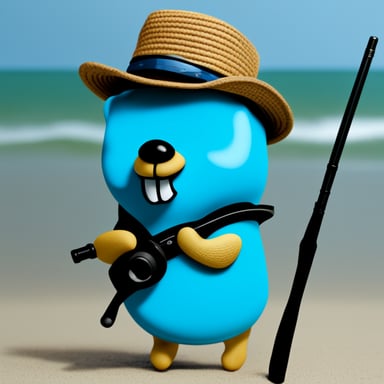 Go Blue Gopher holding a fishing rod with a fishing hat.