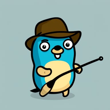 Go Blue Gopher holding a fishing rod with a fishing hat.