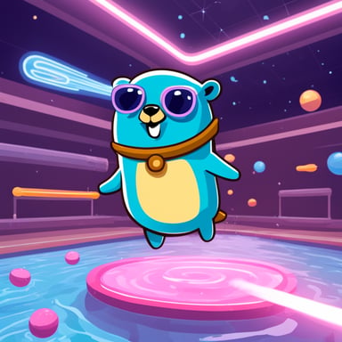 Go blue gopher with electrons flying around in a pool.