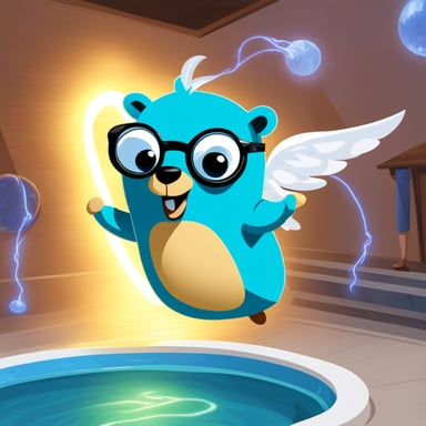 Go blue gopher with electrons flying around in a pool.