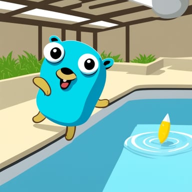 Go blue gopher with electrons flying around in a pool.