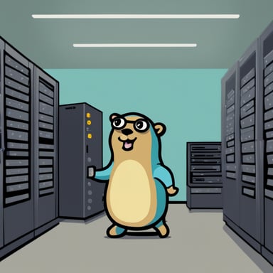 A go blue gopher as a programmer in a server room, receiving an alert on the server.