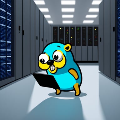 A go blue gopher as a programmer in a server room, receiving an alert on the server.