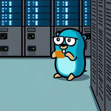 A go blue gopher as a programmer in a server room, receiving an alert on the server.