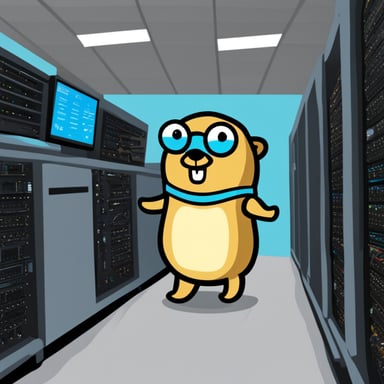 A go blue gopher as a programmer in a server room, receiving an alert on the server.