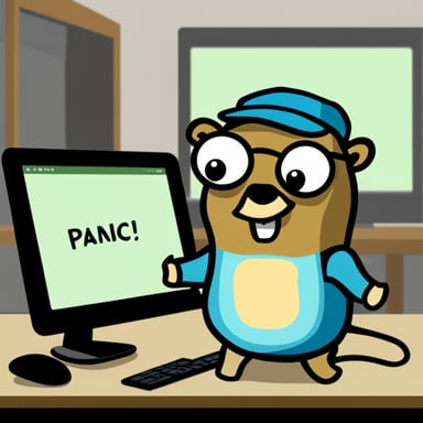Go Blue Gopher, a programmer, receives a panic! message on the computer screen.