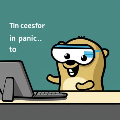 Go Blue Gopher, a programmer, receives a panic! message on the computer screen.