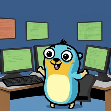 Go Blue Gopher, a programmer, receives a panic! message on the computer screen.