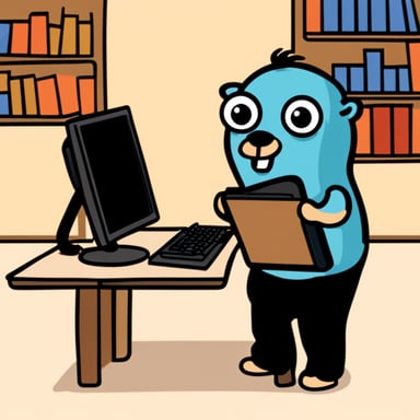 Go Blue Gopher, a programmer, receives a panic! message on the computer screen.