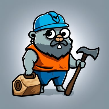 Create Go Blue Gopher as a bald gopher, with thick eyebrows, serious, a large gray beard, wearing a t-shirt with a skull on it, holding a hammer in one hand and showing a sawn-off fist with the other.