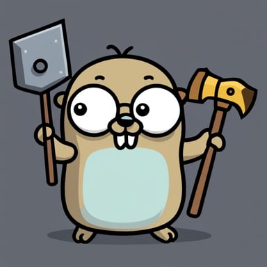 Create Go Blue Gopher as a bald gopher, with thick eyebrows, serious, a large gray beard, wearing a t-shirt with a skull on it, holding a hammer in one hand and showing a sawn-off fist with the other.
