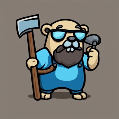 Create Go Blue Gopher as a bald gopher, with thick eyebrows, serious, a large gray beard, wearing a t-shirt with a skull on it, holding a hammer in one hand and showing a sawn-off fist with the other.