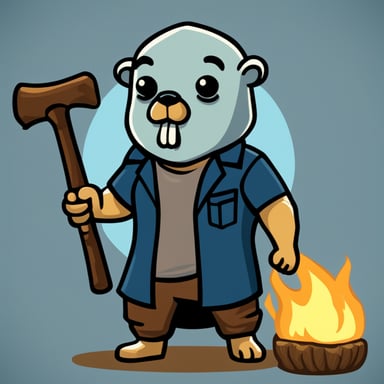 Create Go Blue Gopher as a bald gopher, with thick eyebrows, serious, a large gray beard, wearing a t-shirt with a skull on it, holding a hammer in one hand and showing a sawn-off fist with the other.
