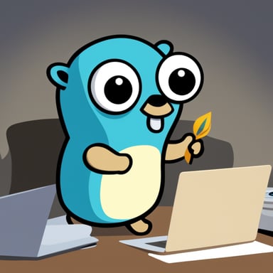The Go programming language mascot, Go Blue Gopher, holding a small wallpaper with the Go logo.