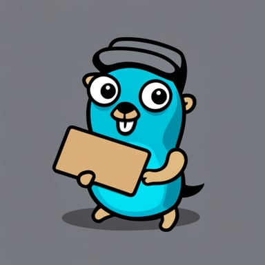 The Go programming language mascot, Go Blue Gopher, holding a small wallpaper with the Go logo.