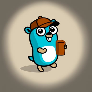 The Go programming language mascot, Go Blue Gopher, holding a small wallpaper with the Go logo.