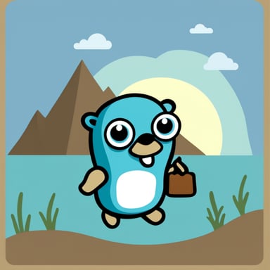 The Go programming language mascot, Go Blue Gopher, holding a small wallpaper with the Go logo.