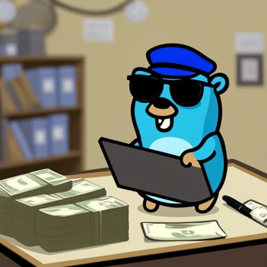 A rich go blue gopher who shows you the bills.