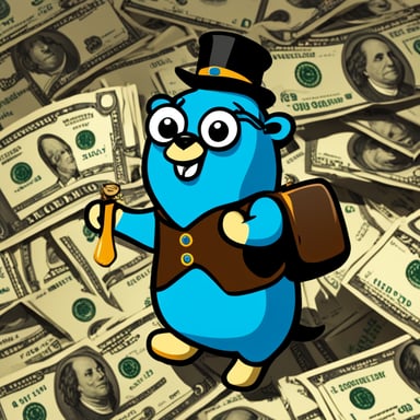 A rich go blue gopher showing you proudly its cash and having an employee badge with the name Nesto.