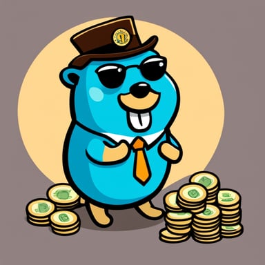 A rich go blue gopher showing you proudly its cash and having an employee badge with the name Nesto.