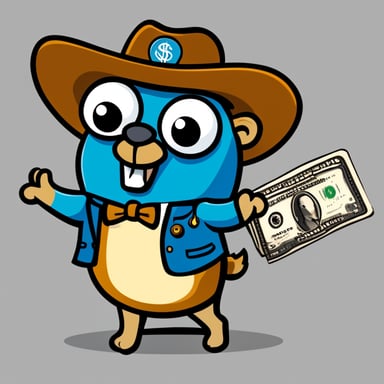 A rich go blue gopher showing you proudly its cash and having an employee badge with the name Nesto.