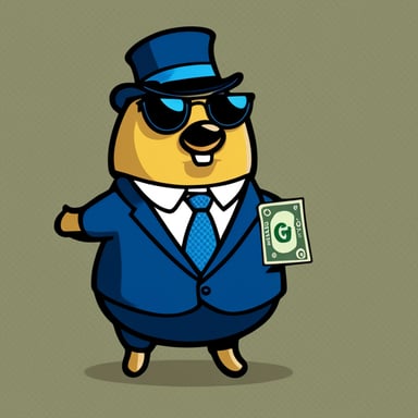 A rich go blue gopher showing you proudly its cash and having an employee badge with the name Nesto.