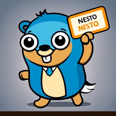 A rich blue go blue gopher showing you proudly its cash and having a name badge with the text Nesto