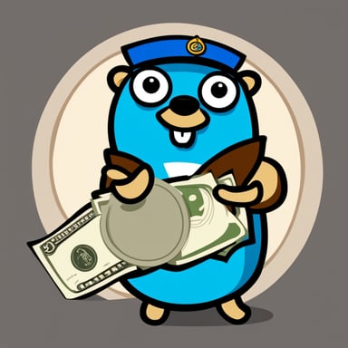 A rich blue go blue gopher showing you proudly its cash and having a name badge with the text Nesto
