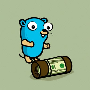 A rich blue go blue gopher showing you proudly its cash and having a name badge with the text Nesto