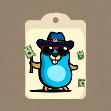 A rich blue go blue gopher showing you proudly its cash and having a name badge with the text Nesto