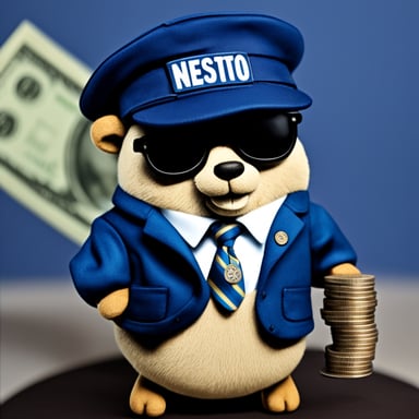 A rich blue Go Blue Gopher proudly showing cash and wearing a jacket with a name badge reading Nesto.