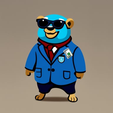 A rich blue Go Blue Gopher proudly showing cash and wearing a jacket with a name badge reading Nesto.