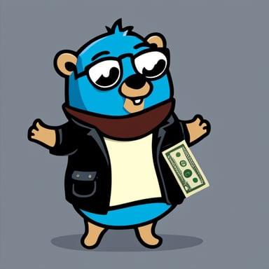A rich blue Go Blue Gopher proudly showing cash and wearing a jacket with a name badge reading Nesto.