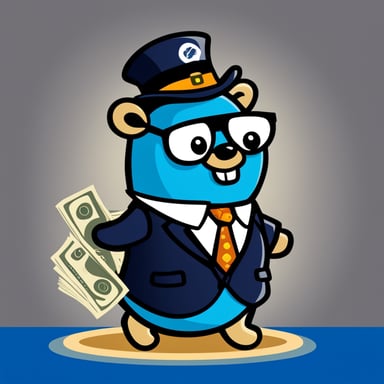 A rich blue Go Blue Gopher proudly showing cash and wearing a jacket with a name badge reading Nesto.