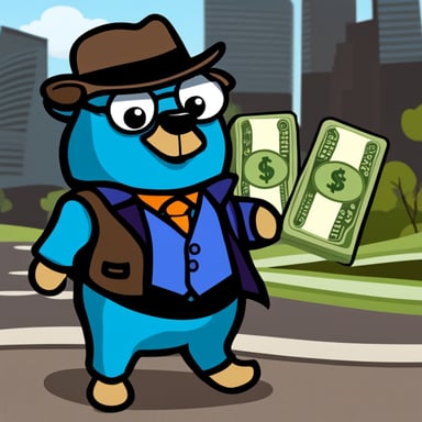 A blue Go Blue Gopher millionaire showing money and wearing a jacket with a name badge reading Nesto.
