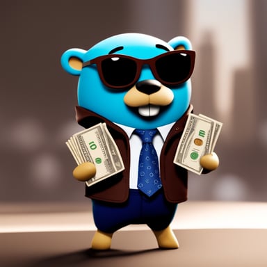 A blue Go Blue Gopher millionaire showing money and wearing a jacket with a name badge reading Nesto.