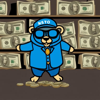 A blue Go Blue Gopher millionaire showing money and wearing a jacket with a name badge reading Nesto.