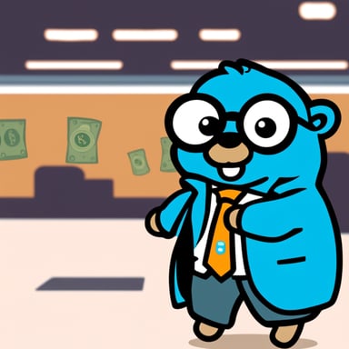 A blue Go Blue Gopher millionaire showing money and wearing a jacket with a name badge reading Nesto.
