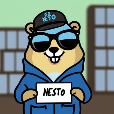 A blue academic rich millionaire named Go Blue Gopher showing money and wearing a jacket with a name badge reading Nesto.