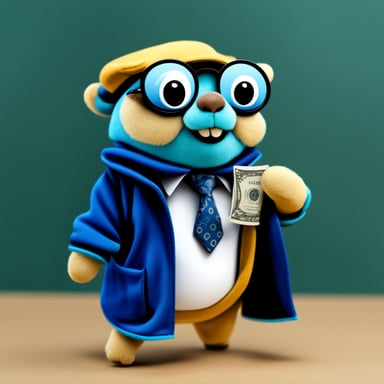 A blue academic rich millionaire named Go Blue Gopher showing money and wearing a jacket with a name badge reading Nesto.