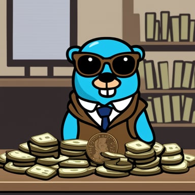 A blue academic rich millionaire named Go Blue Gopher showing money and wearing a jacket with a name badge reading Nesto.