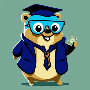 A blue academic rich millionaire named Go Blue Gopher showing money and wearing a jacket with a name badge reading Nesto.