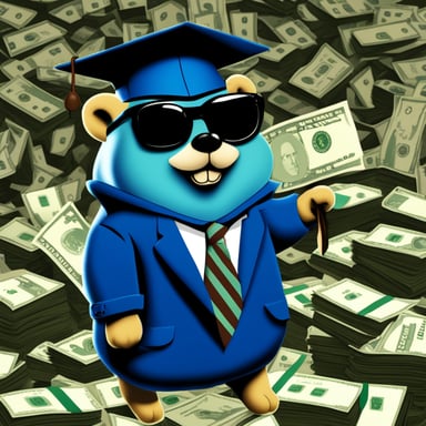 A blue academic rich millionaire go blue gopher showing money and wearing a jacket with a name badge reading Nesto.