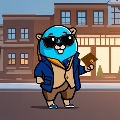 A blue academic rich millionaire go blue gopher showing money and wearing a jacket with a name badge reading Nesto.