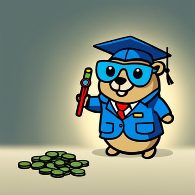 A blue academic rich millionaire go blue gopher showing money and wearing a jacket with a name badge reading Nesto.