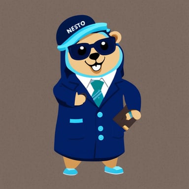 A blue academic rich millionaire go blue gopher showing money and wearing a jacket with a name badge reading Nesto.