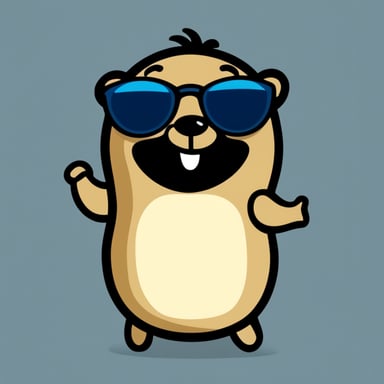 A happy Go Blue Gopher with a dark beard and dark glasses.
