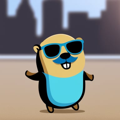 A happy Go Blue Gopher with a dark beard and dark glasses.
