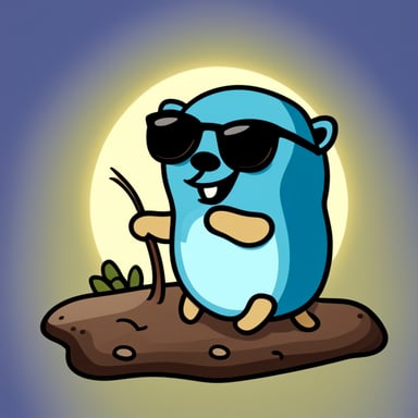 A happy Go Blue Gopher with a dark beard and dark glasses.